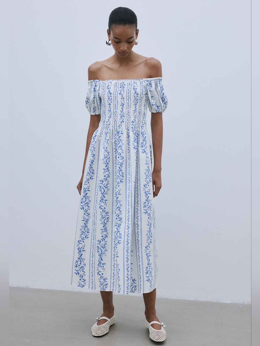 H&M Floral Poplin Off Shoulder Midi Dress Smocked Ruched Top